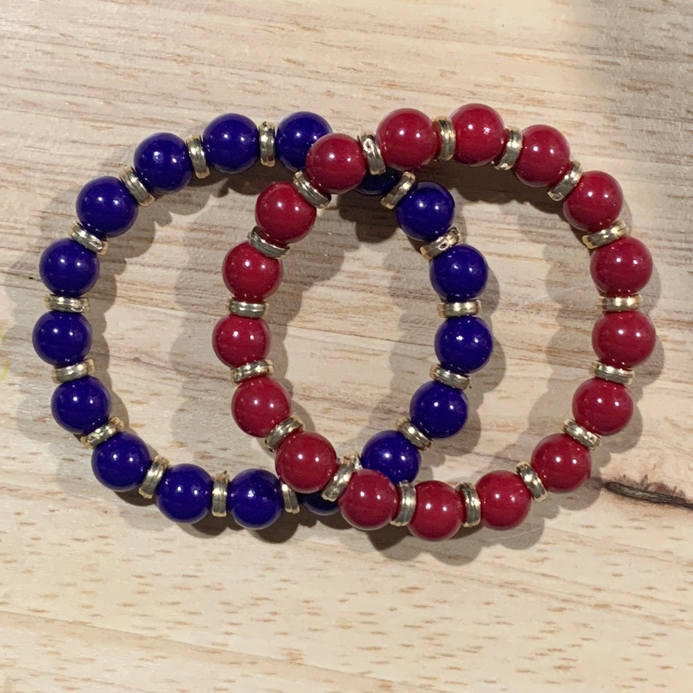 Handcrafted Patriotic Beaded Stretch Bracelet Set Of 2 Gold Tone Spacer‎ Accents